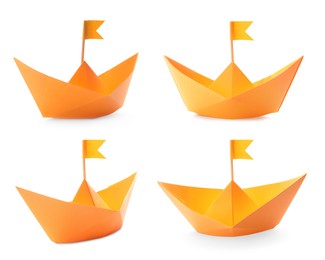 Image of Orange paper boats with flags on white background, collage