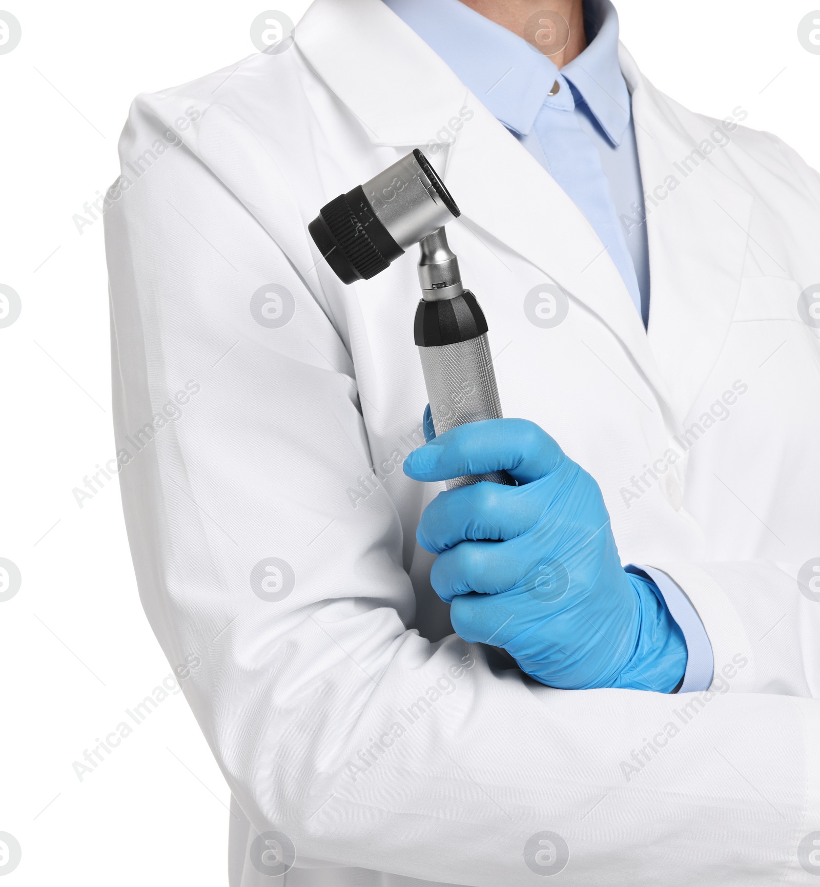 Photo of Dermatologist with dermatoscope isolated on white, closeup