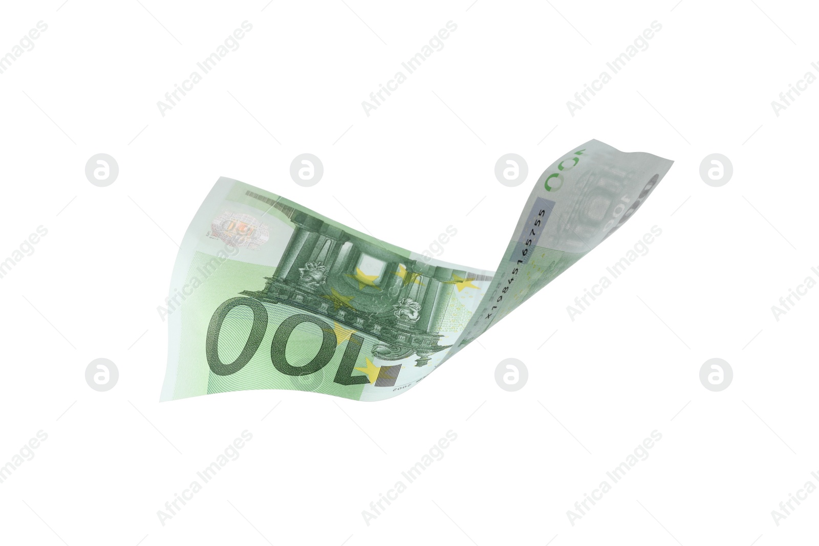 Photo of Flying one hundred Euro banknote isolated on white