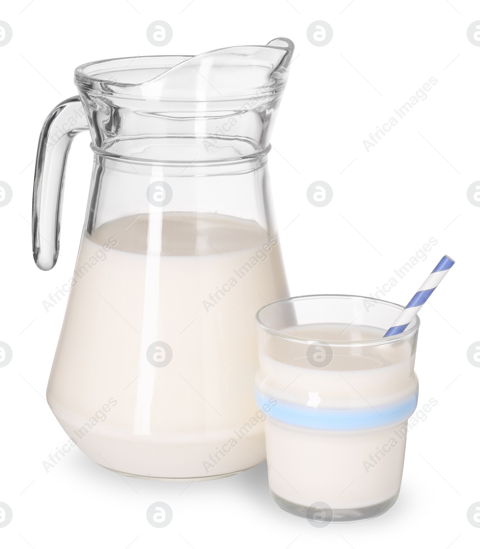 Photo of Jug and glass of fresh milk isolated on white