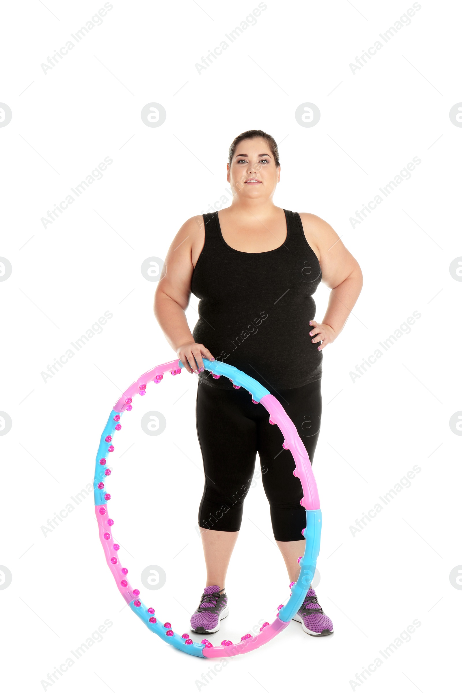 Photo of Overweight woman with hula hoop on white background