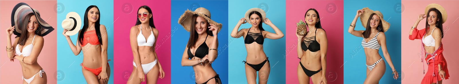 Image of Collage with photos of women wearing bikini on different color backgrounds. Banner design