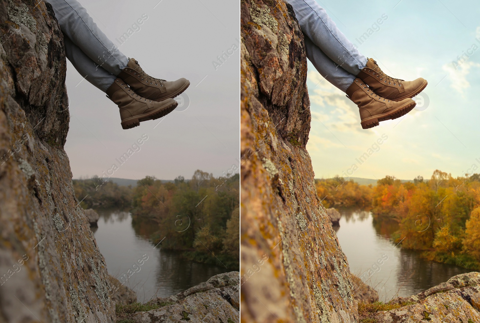 Image of Photo before and after retouch, collage. Woman wearing stylish hiking boots on steep cliff, closeup