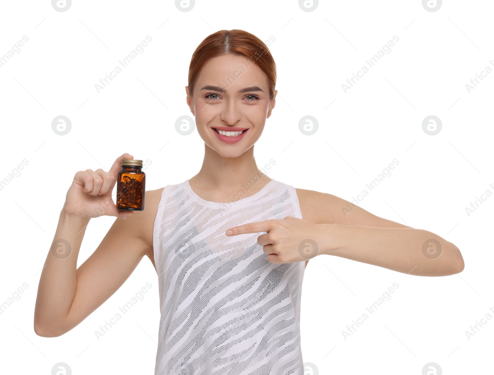 Photo of Happy young woman with bottle of pills on white background. Weight loss