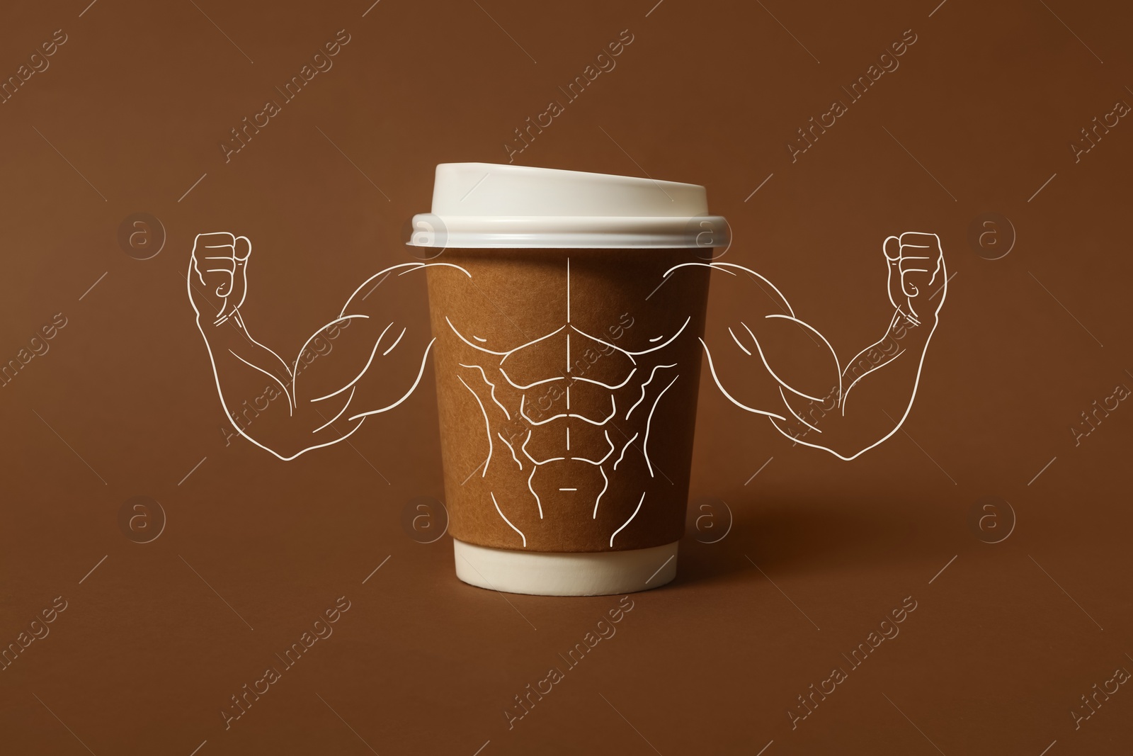 Image of Strong coffee. Takeaway paper cup with illustration of bodybuilder on brown background