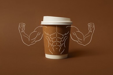 Image of Strong coffee. Takeaway paper cup with illustration of bodybuilder on brown background