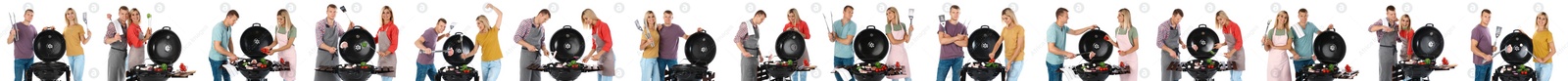 Image of Collage with photos of man and woman cooking on barbecue grill against white background. Banner design