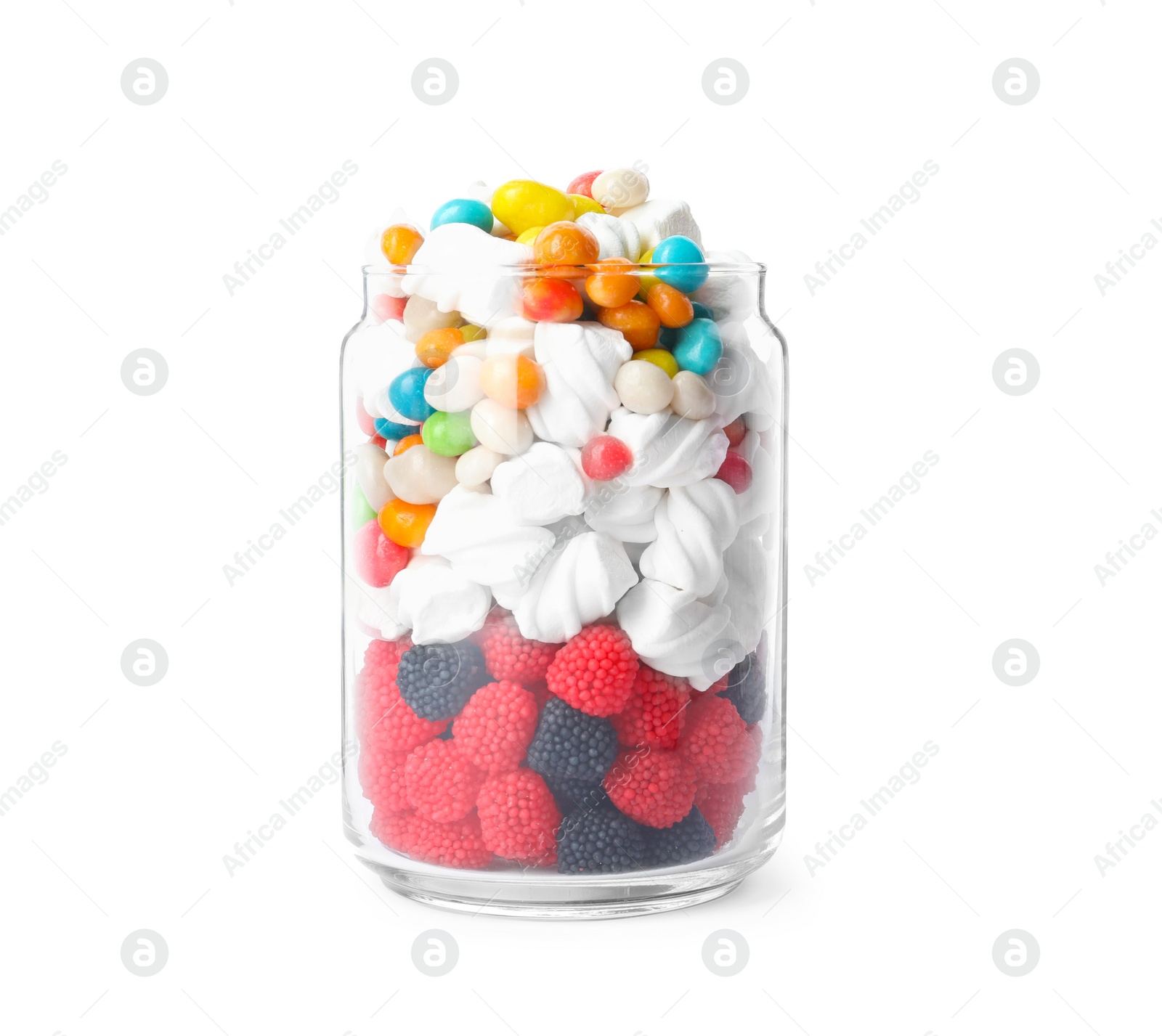 Photo of Delicious candies in glass jar isolated on white