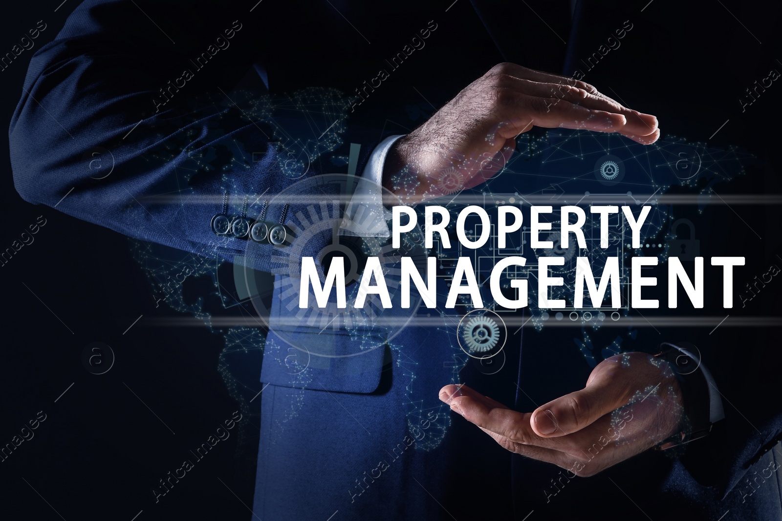 Image of Man demonstrating text Property Management on dark background, closeup