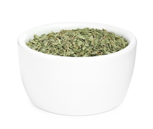 Photo of Bowl with dried parsley on white background