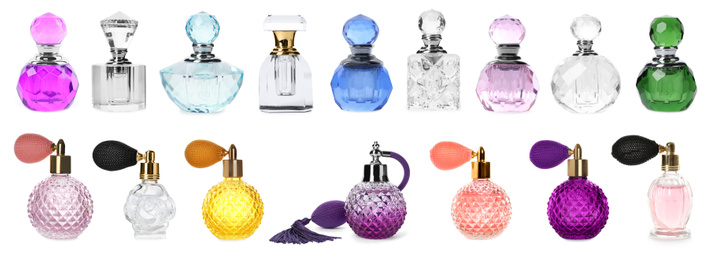 Image of Set with different bottles of perfume on white background, banner design 