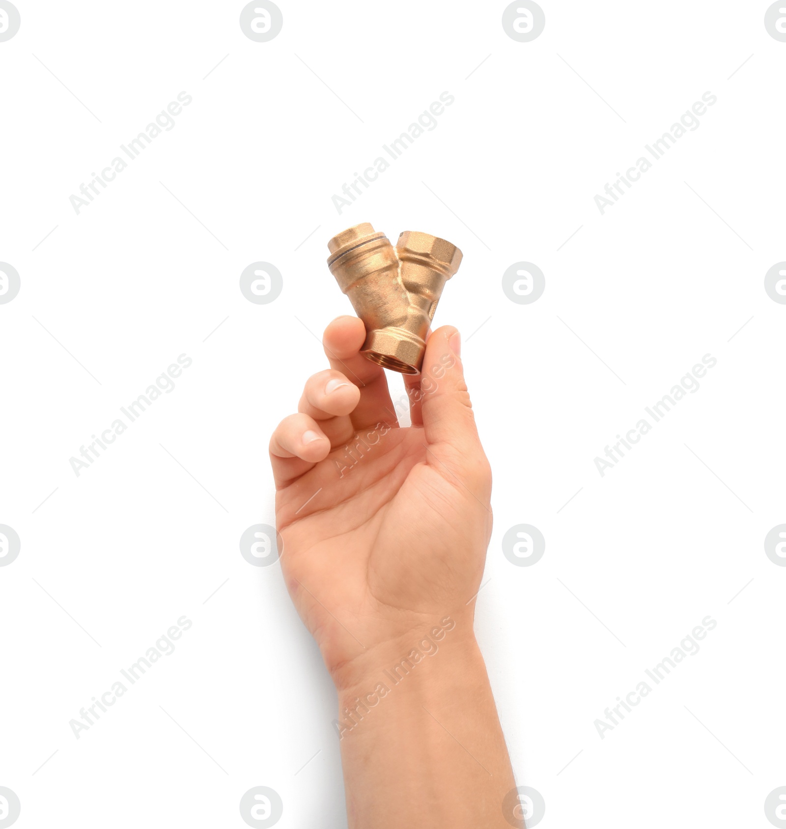 Photo of Plumber holding pipe fitting on white background, closeup