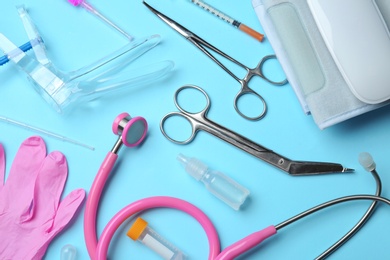 Photo of Different medical objects on color background, flat lay
