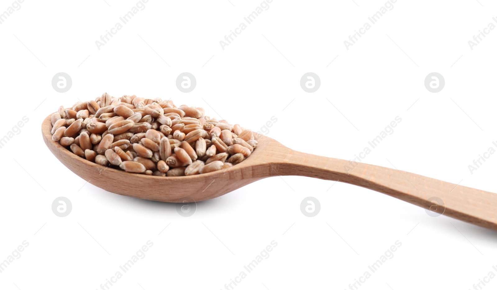 Photo of Wooden spoon with wheat grains isolated on white, closeup