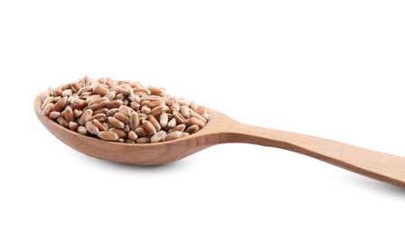 Photo of Wooden spoon with wheat grains isolated on white, closeup