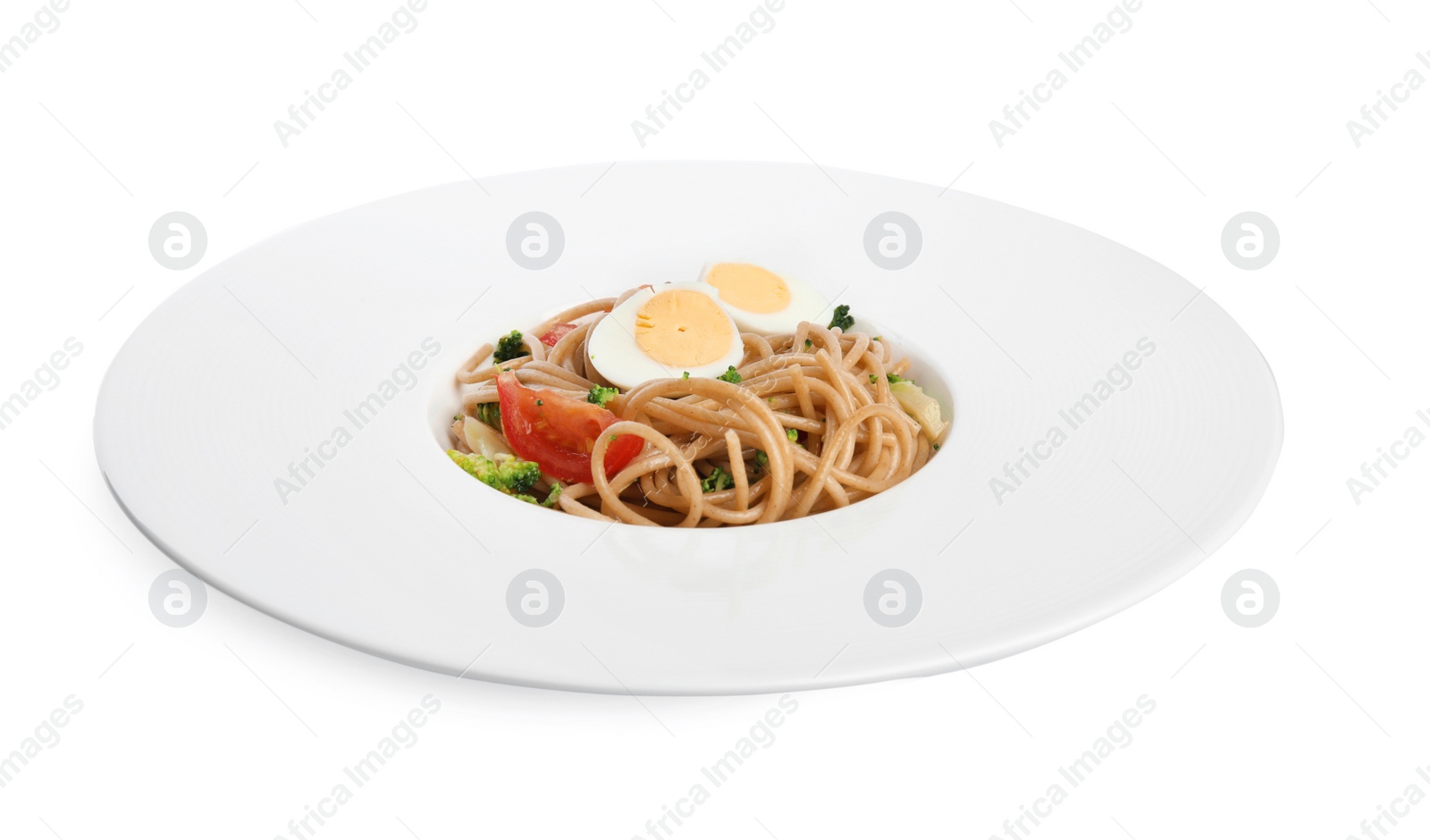 Photo of Plate of tasty buckwheat noodles on white background