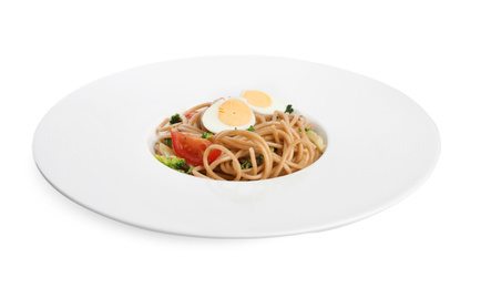 Plate of tasty buckwheat noodles on white background