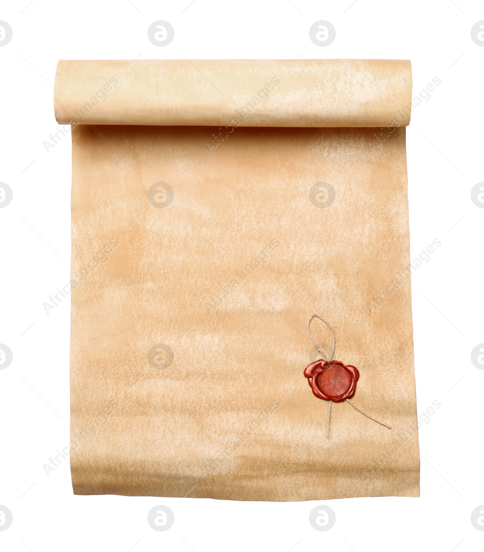 Photo of Sheet of old parchment paper with wax stamp on white background, top view. Space for text
