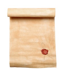 Sheet of old parchment paper with wax stamp on white background, top view. Space for text