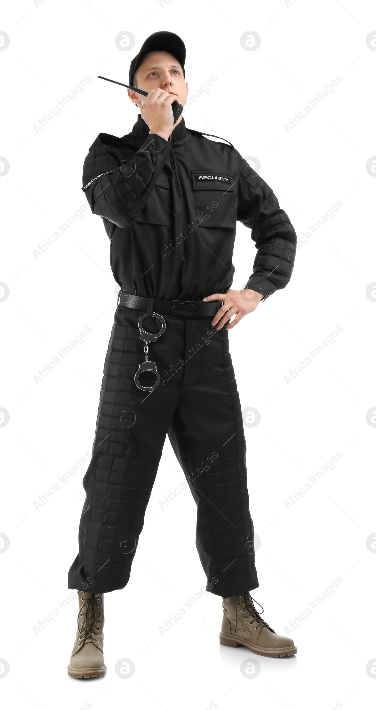 Photo of Male security guard using portable radio transmitter on white background