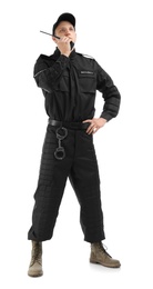 Photo of Male security guard using portable radio transmitter on white background