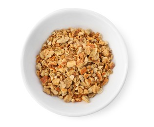Photo of Bowl of dried orange zest seasoning isolated on white, top view