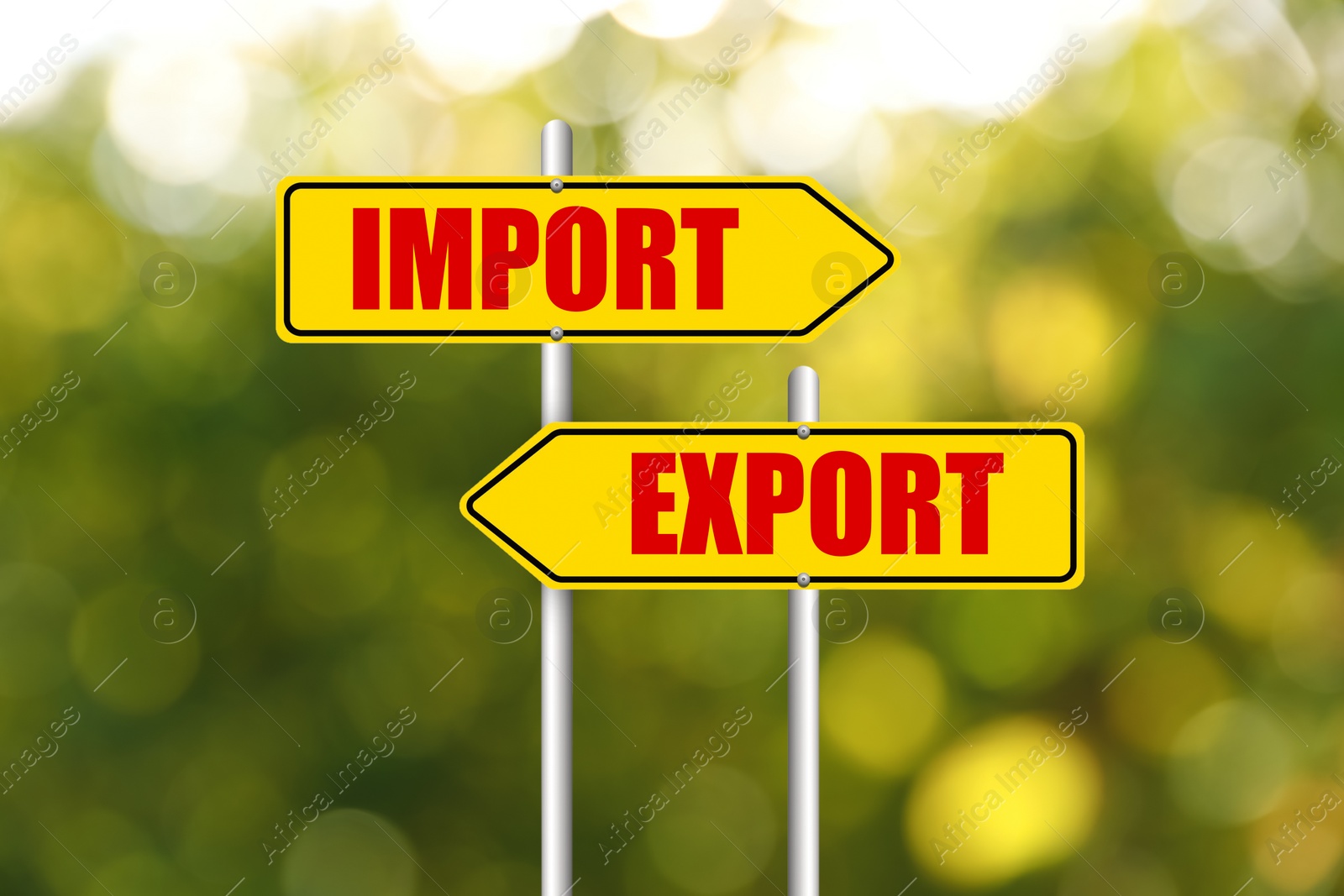 Image of Road sign with Import and Export words on arrows pointing in opposite directions outdoors