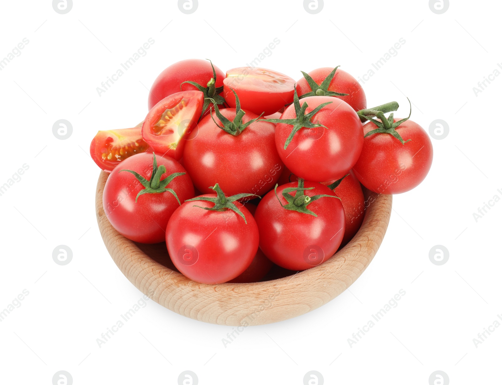 Photo of Wooden bowl with fresh ripe cherry tomatoes isolated on white