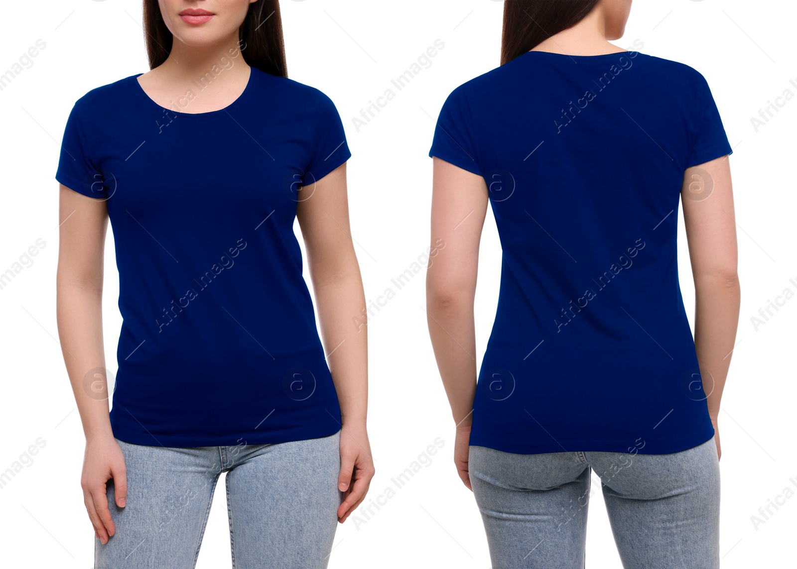 Image of Collage with photos of woman in blue t-shirt on white background, closeup. Back and front views for mockup design