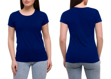 Image of Collage with photos of woman in blue t-shirt on white background, closeup. Back and front views for mockup design