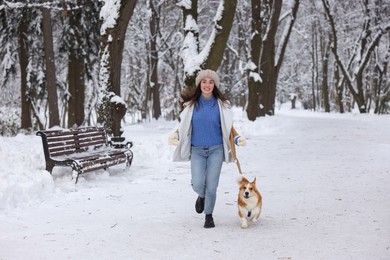 Woman with adorable Pembroke Welsh Corgi dog running in snowy park