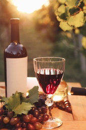 Composition with wine and ripe grapes on wooden table in vineyard