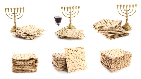 Image of Set with Passover matzos, red wine and menorahs on white background, banner design. Pesach celebration