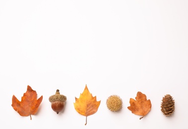 Photo of Flat lay composition with autumn leaves and space for text on white background