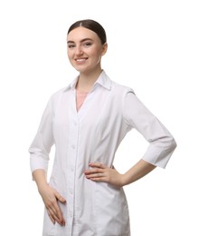 Photo of Cosmetologist in medical uniform on white background