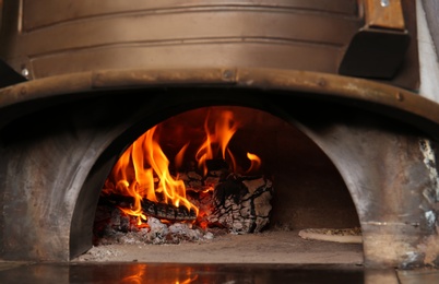 Photo of Oven with burning firewood and tasty pizza in restaurant kitchen