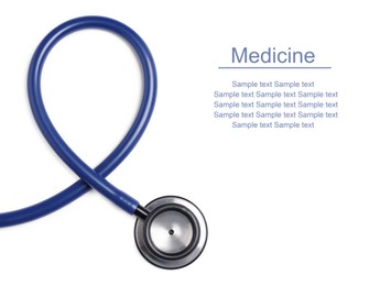 Image of Stethoscope on white background, top view. Space for text