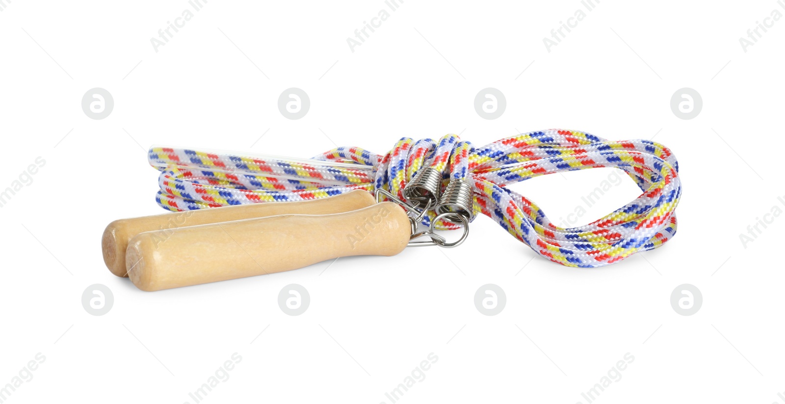 Photo of Colorful skipping rope with wooden handles isolated on white