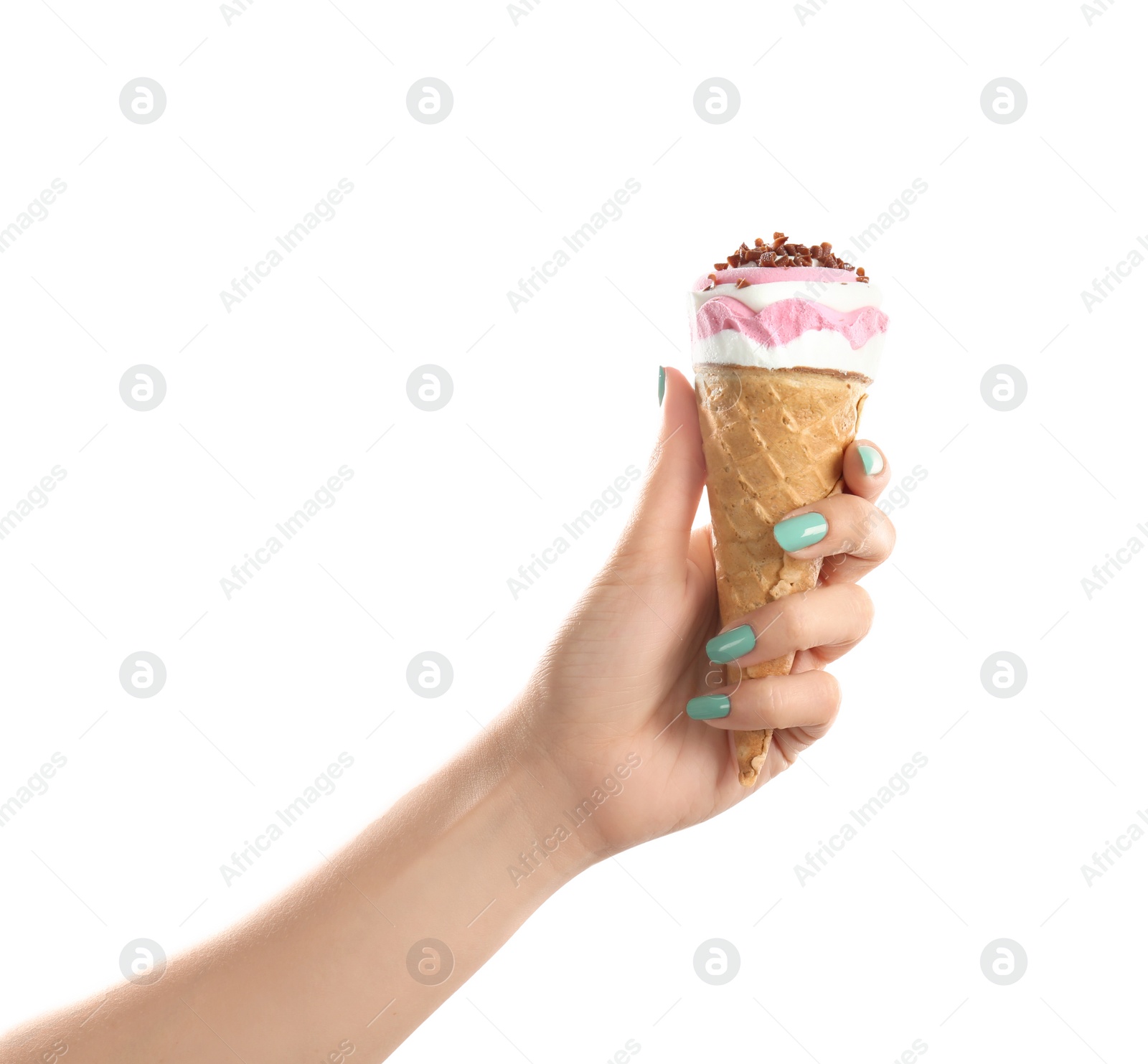 Photo of Woman holding yummy ice cream on white background. Focus on hand