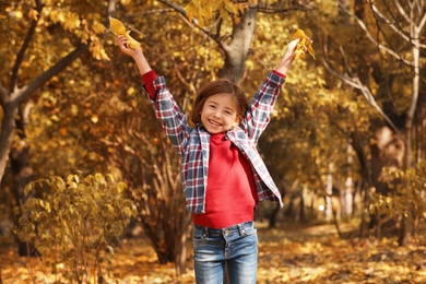 Photo of Cute little girl having fun in park. Autumn walk