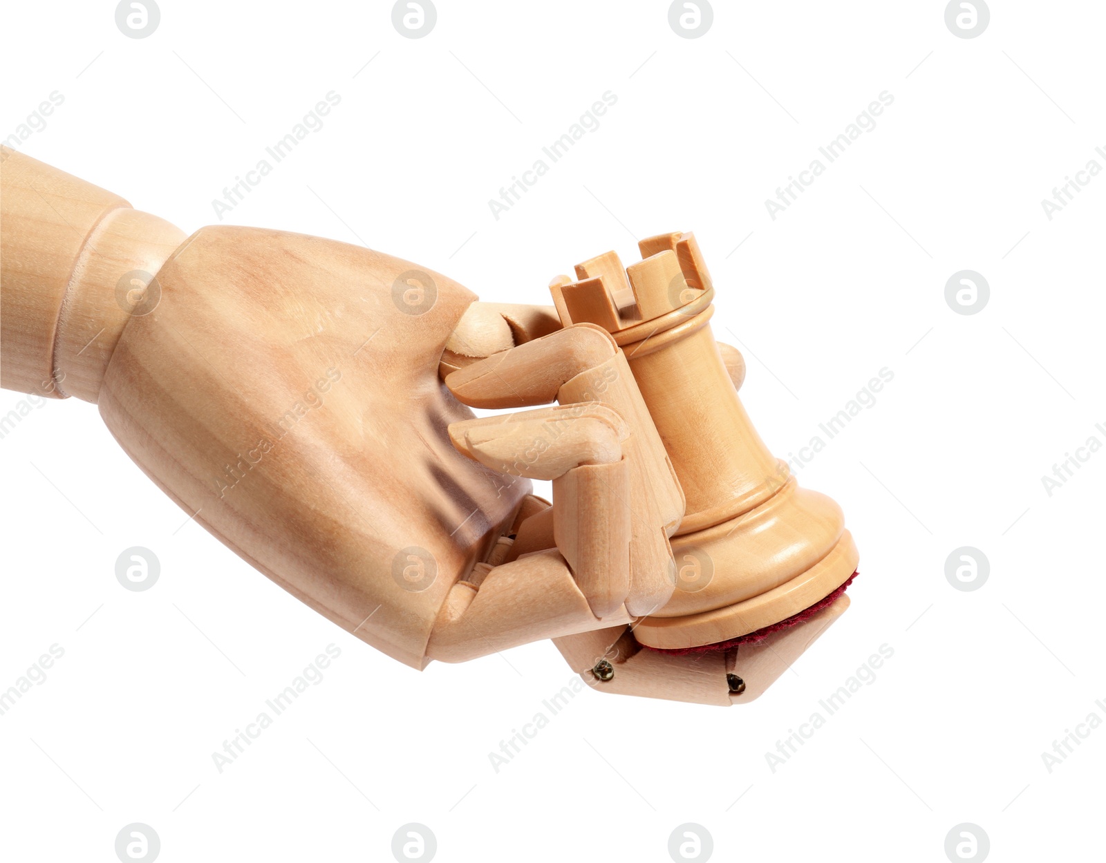 Photo of Robot holding chess piece isolated on white. Wooden hand representing artificial intelligence