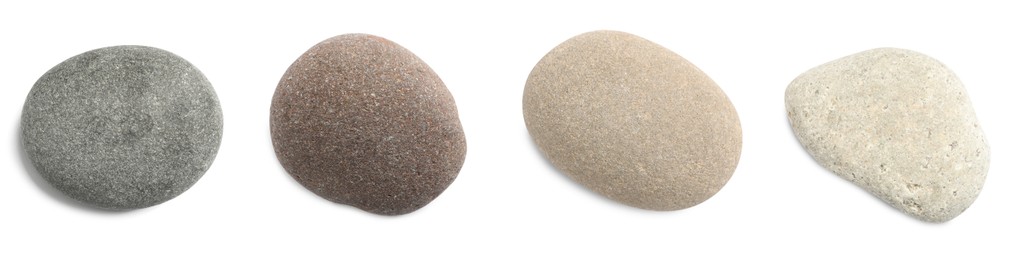 Set with different spa stones on white background. Banner design