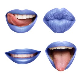 Image of Woman's lips on white background, collage design