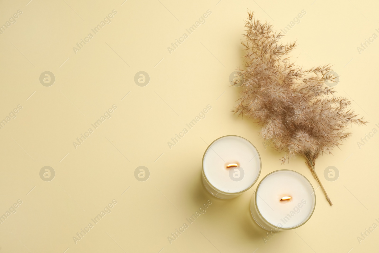 Photo of Burning soy candles and dry reed on beige background, flat lay. Space for text