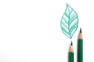 Photo of Drawing of green leaf and color pencils on white background, top view