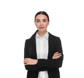 Photo of Portrait of beautiful woman with crossed arms on white background. Lawyer, businesswoman, accountant or manager