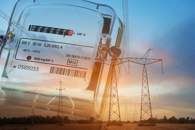 Image of Double exposure of electricity meter and high voltage towers with transmission power lines