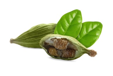 Image of Dry cardamom pods and green leaves on white background