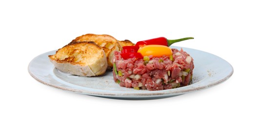 Photo of Tasty beef steak tartare served with yolk, toasted bread and other accompaniments isolated on white