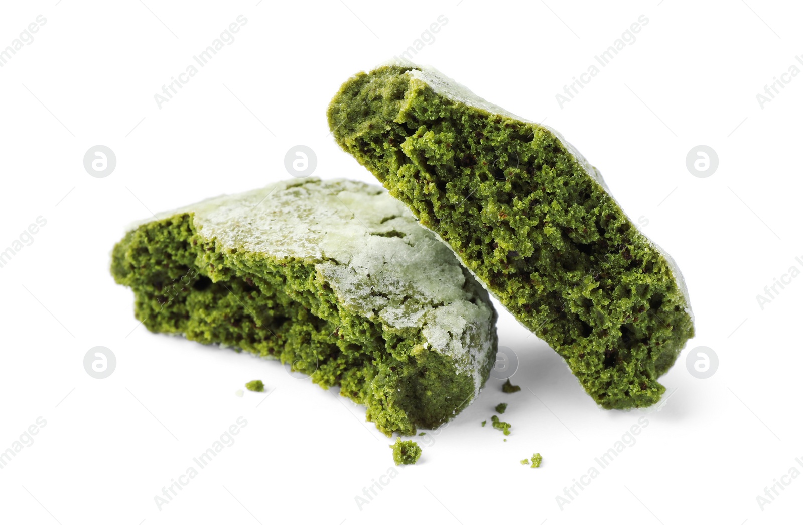 Photo of Tasty broken matcha cookie on white background